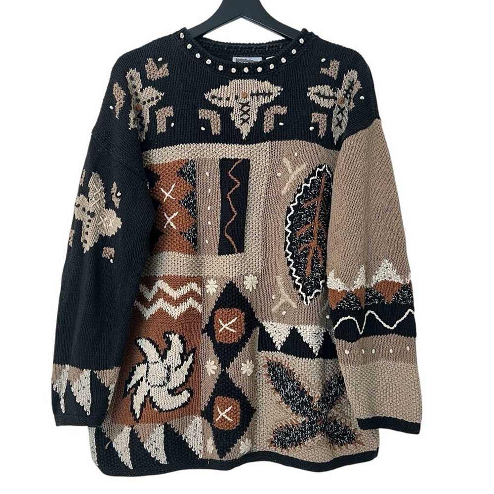 Vintage Sigrid Olsen Fall Leaves 3D Knit Sweater Black Tan Large Cottagecore